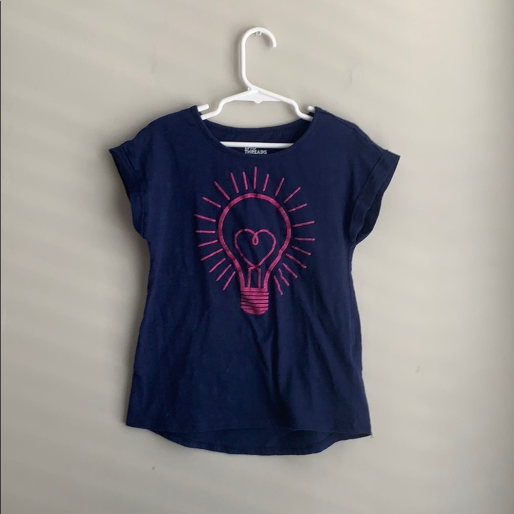 Blue shirt with pink glitter light bulb print